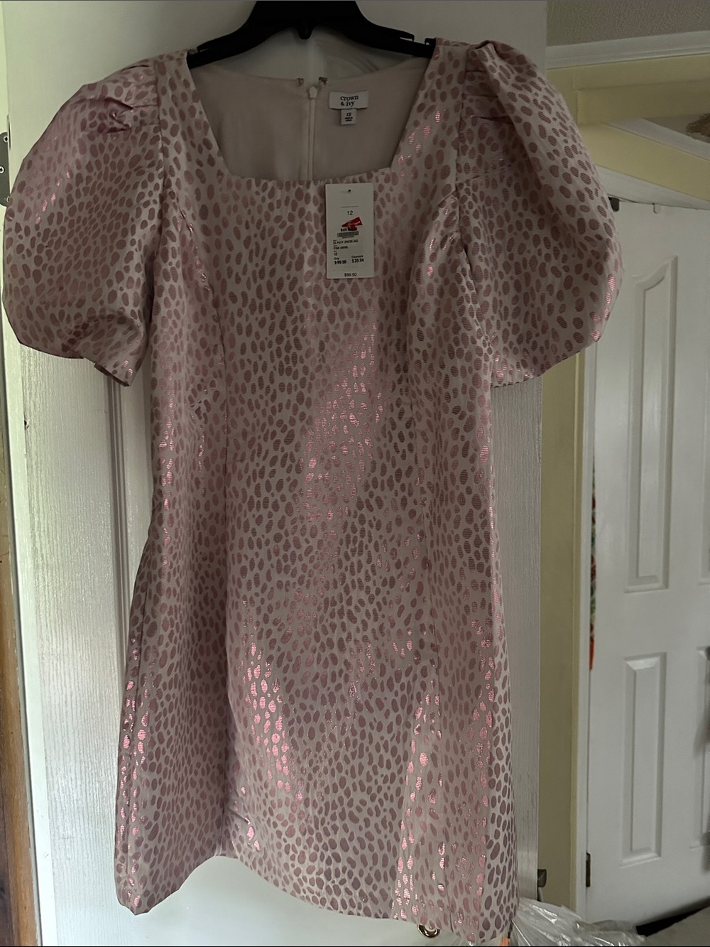 Crown & Ivy Pink Metallic Leopard Print Puff-Sleeve Mini